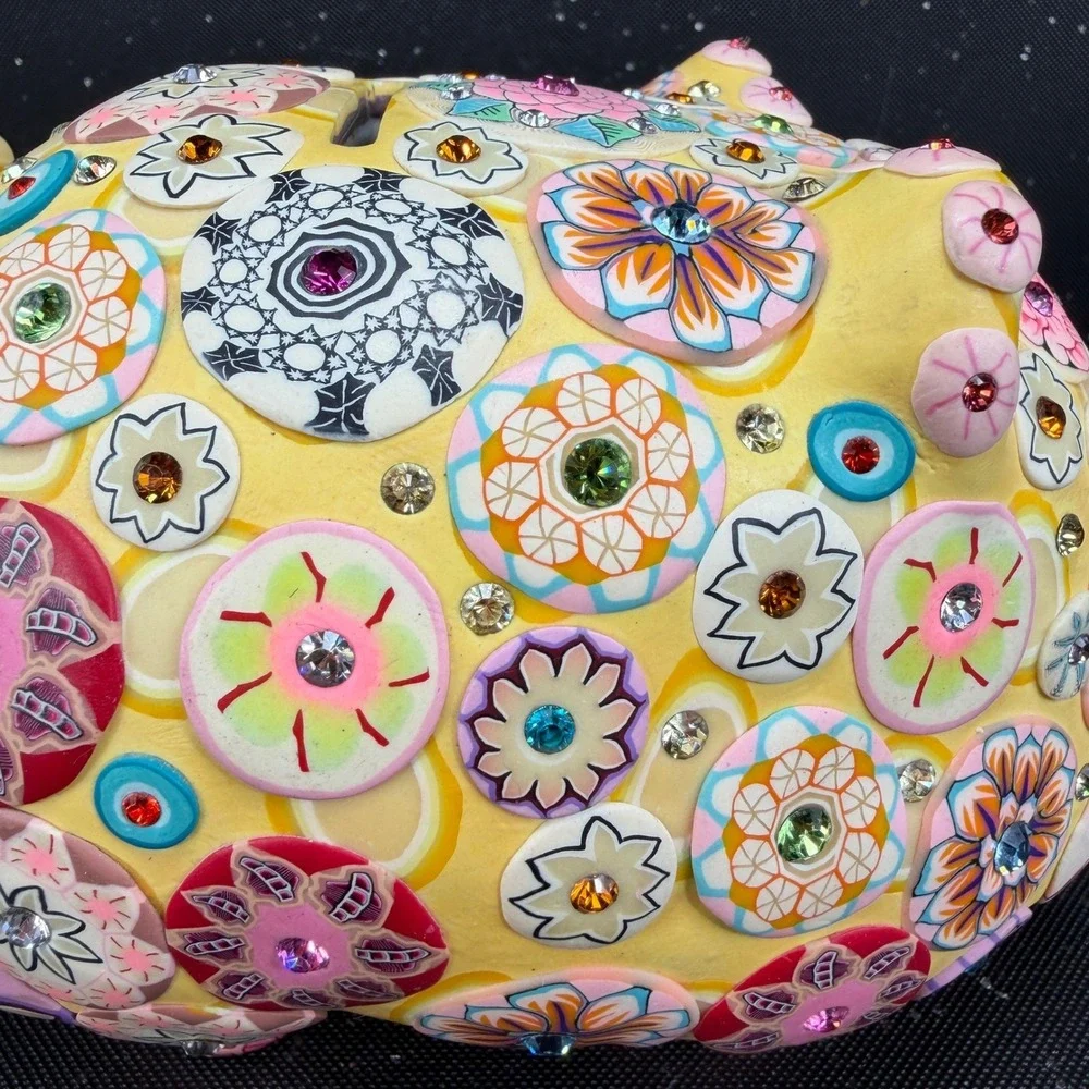 Billie Beads 2003 Handcrafted Piggy Bank Yellow Floral Millefiori Rhinestone 7in